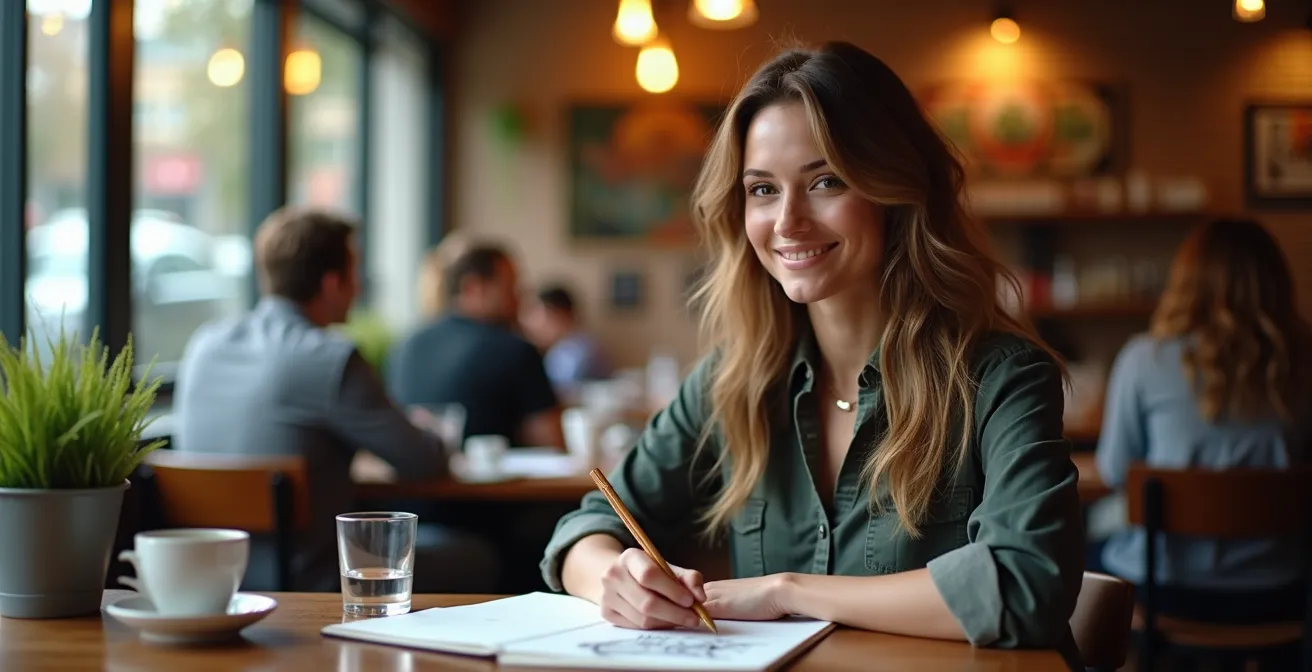 Personne seule dans un restaurant, détendue avec un carnet de notes et un livre, dégageant une impression de confiance.