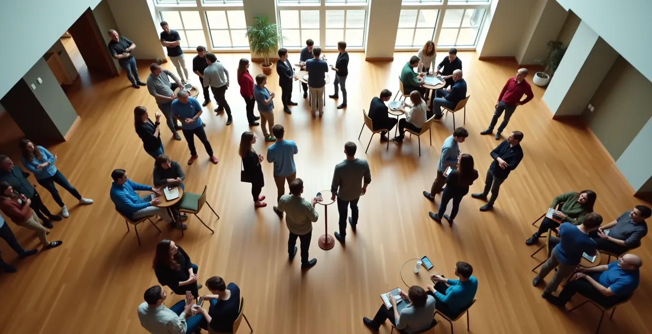 Vue aérienne d'adultes formant naturellement des petits cercles de discussion lors d'un événement