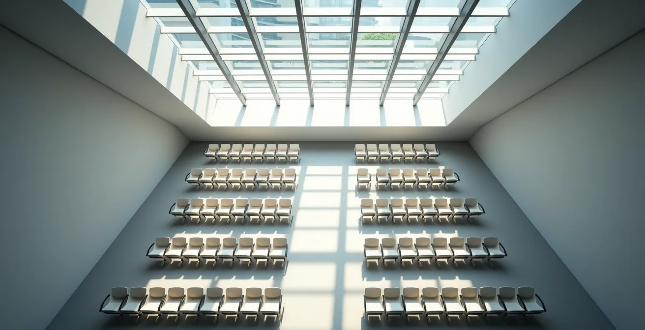 Vue aérienne d'une salle de conférence montrant les zones stratégiques de placement pour le networking