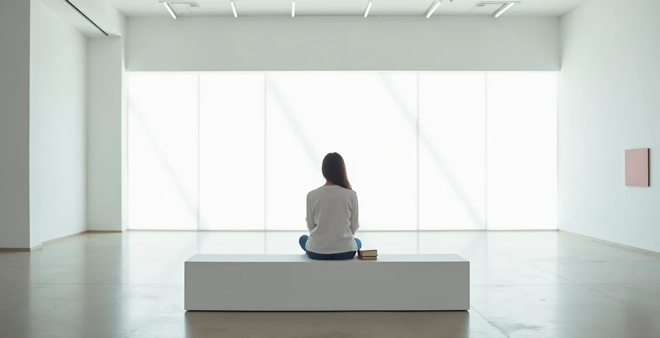 Vue large d'une personne assise seule dans un espace épuré contemplant l'horizon, symbolisant le calme face à la surcharge de choix