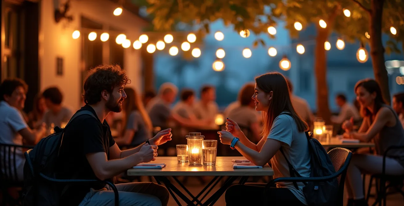 Terrasse de café au crépuscule avec petits groupes de personnes en discussion animée après un événement