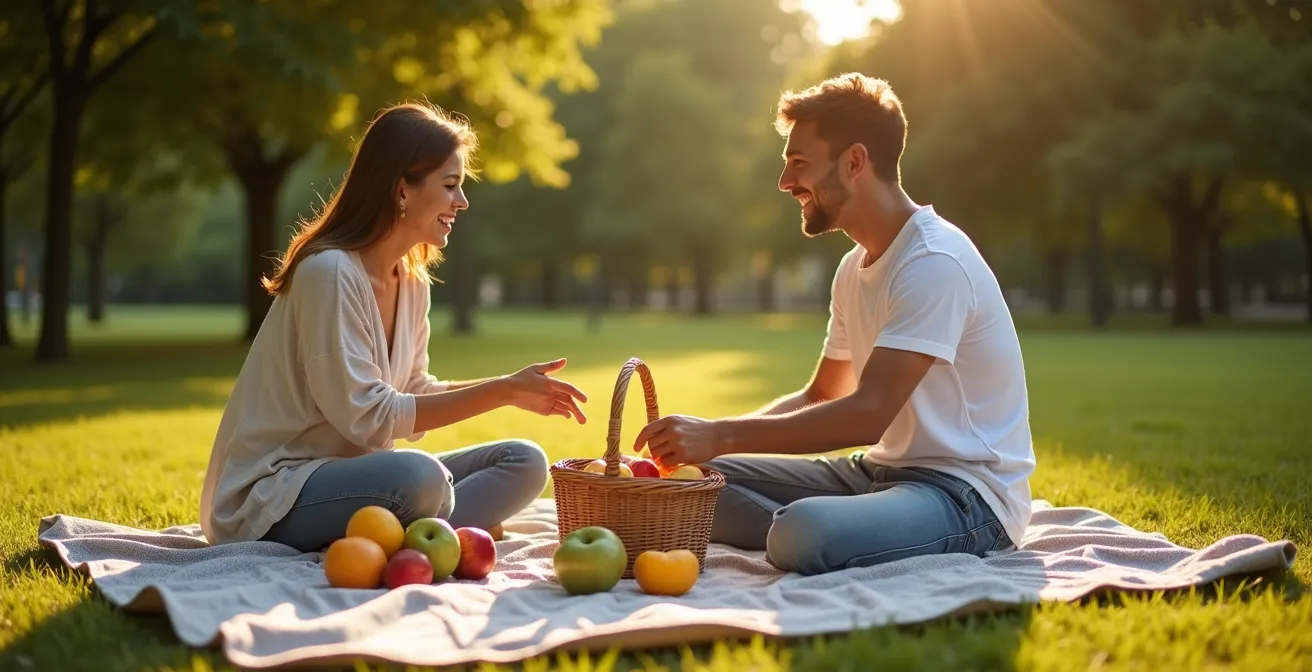 Couple organisant ensemble un pique-nique dans un parc ensoleillé, montrant l'enthousiasme mutuel pour une activité simple